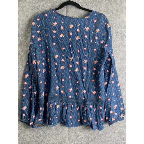 Matilda Jane Blue Floral Dot Peplum Blouse Button Front Long Sleeve L Boho Top