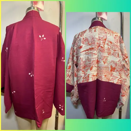 Vintage Kimono haori burgundy white cream orange double sided tie dye Red Size undefined