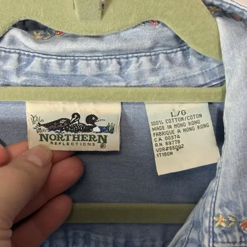 Northern Reflections Vtg 90s Northern Reflection Women L Denim Shirt Embroidery Dainty Floral Cottage