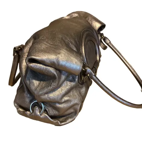 Salvatore Ferragamo METALLIC SILVER/BRONZE LEATHER FOLD OVER SHOULDER BAG