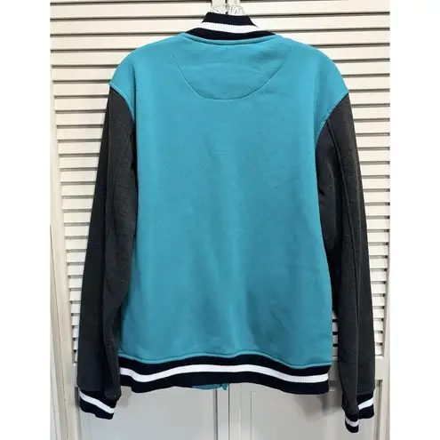 Southpole Varsity Jacket Teal/Gray Snap Up Pockets Size Large Embroidered Logo Blue