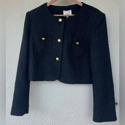 Cinq A Sept Black Bouclé Knit Auden Crop Jacket Gold Buttons Old Money Elegant Size 16