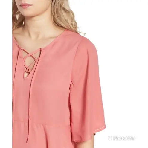 Coral Pink Lace Up Peplum Top Blouse Short Flutter Sleeve Flowy XS X
