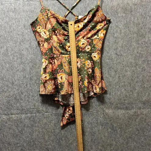 Lily White Floral Cami Top Criss Cross Back Tie Peplum Green Orange L