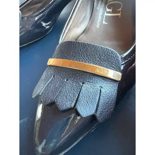 AGL Designer Pointed Toe Fringe Career Flats Navy Gold Leather Italian Size 6.5 Blue