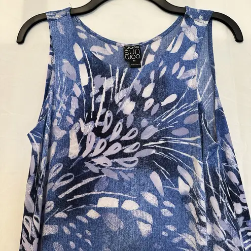 Clara Sun Woo Printed Shift Dress Size XS Blue Stretch Knit Sleeveless Midi
