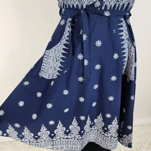 None Navy Blue Wrap Midi Dress Boho Print Fit And Flare A-line Pockets Summer Casual