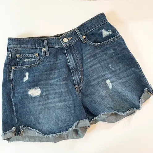 AERO High Rise Curvy Mom Jean Shorts Distressed Denim Blue Size 10 Beach Vibes