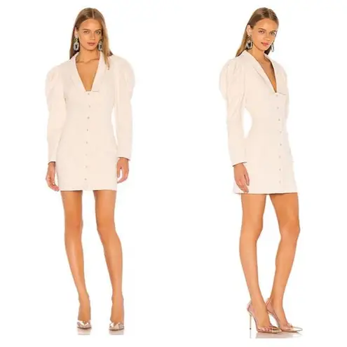 Revolve L'Academie The Coco Mini Dress XS Beige Puff Sleeves Snap Buttons