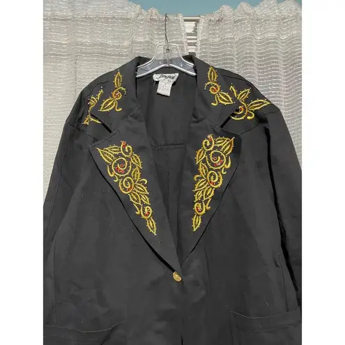 Vintage DVine Womens Embroidered Blazer Jacket Black & Gold With Red Accents 3x