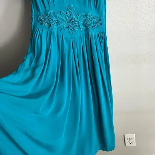 Vintage 80s Karin Stevens Teal Midi Dress Sz 4 Beaded Waist Puff Sleeves Blue