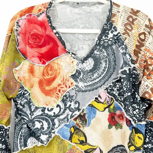 Womens Artsy Art To Wear Deco Boho Lagenlook 3/4 Sleeve Patchwork Floral Blouse Black Size M