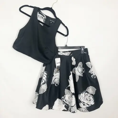 Sequin Hearts  Crop Black Top & Floral Skirt Set