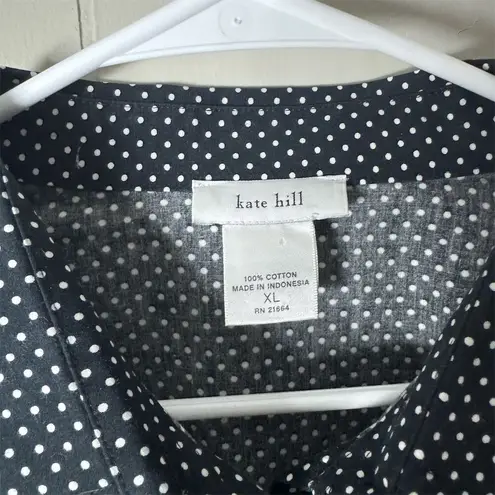 Kate Hill Women's XL 100% cotton Black Polka Dot Long Sleeve Blouse Casual Top