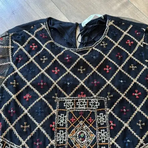 ZARA 4/$25  Embroidered Beaded Mesh Long Sleeve Top Blouse Sz M