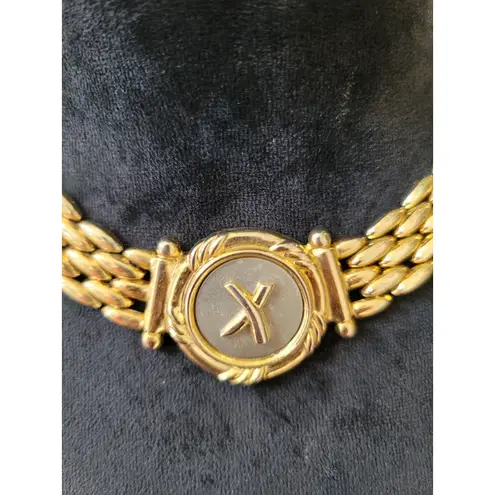 Women's Gold Plated Choker Necklaces With Round X Emblem And Fold Over Lock