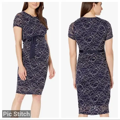 Motherhood Maternity NWT Lace Side Ruched Navy Blue & Pink Gender Reveal Dress