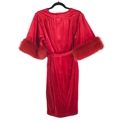 Hollywoodland Red Velvet Fifth Avenue Wrap Wiggle Dress Faux Fur Trim V Neck L Size L
