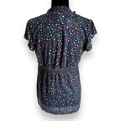 julie's closet Womens Top Sz L Maternity Gray Colorful Polka Dots Knit Ruffles