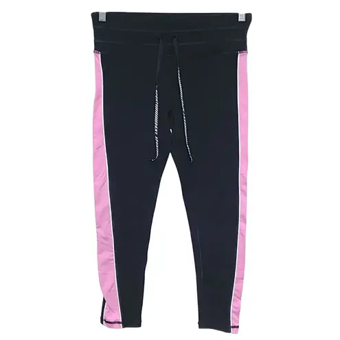 DKNY  Sport Black Leggings Pink Spell Out Logo Tape Drawstring Pull On Womens M