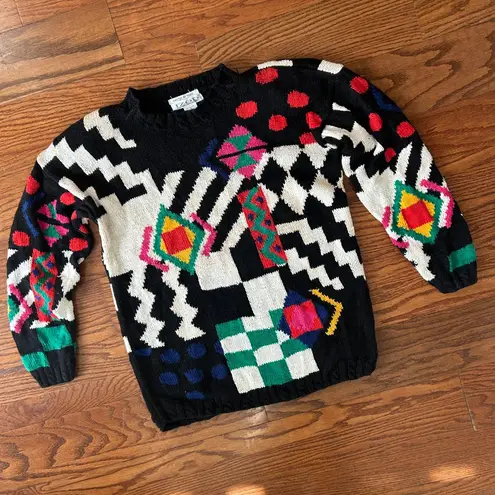 IZOD Vintage 80s Hand Knit Geometric Crewneck Sweater Shoulder Pads Size Small