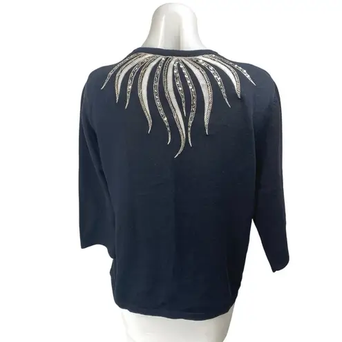 Bob Mackie Black Beaded Sequin 3/4 Sleeve Button Up Knit Cardigan Sweater Top M