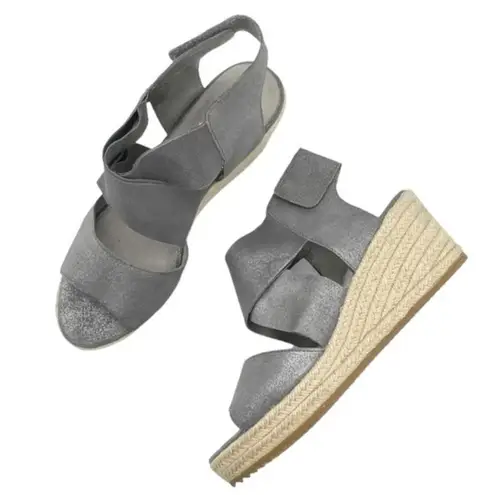 Eileen Fisher  Willow Wedge Cross Strap Espadrille Gray Metallic Leather Size 9