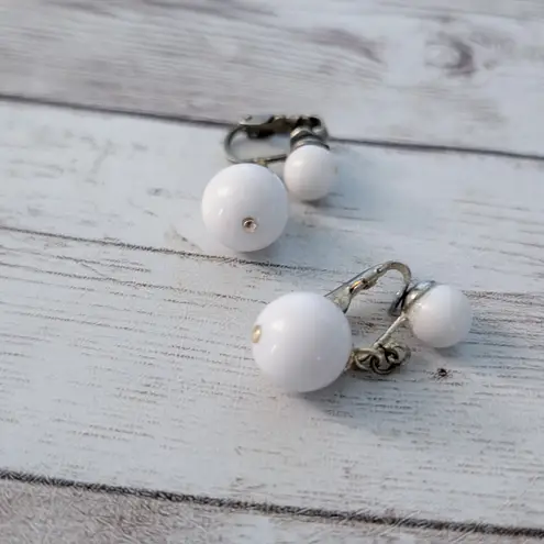 Vintage Clip On Earrings Retro White Ball Duo Dangle Stylish