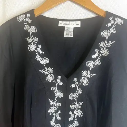 Sag Harbor Black Embroidered Floral Linen Blend Blouse Size Small