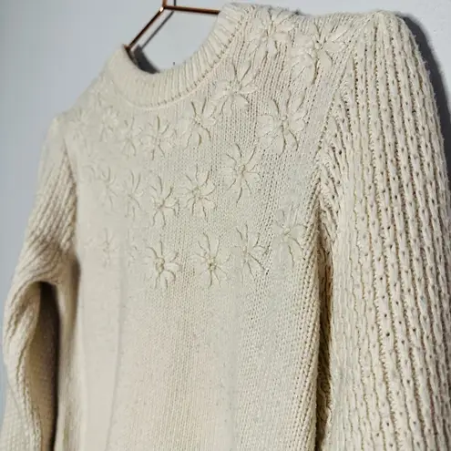 LOUNA Ivory Embroidered Puff Sleeve Floral Chunky Knit Sweater Size Small