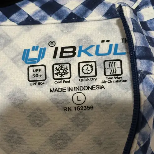 IBKUL Gingham Check Long Sleeve Mock Neck Top Golf Active UPF 50+ Size Large Blue
