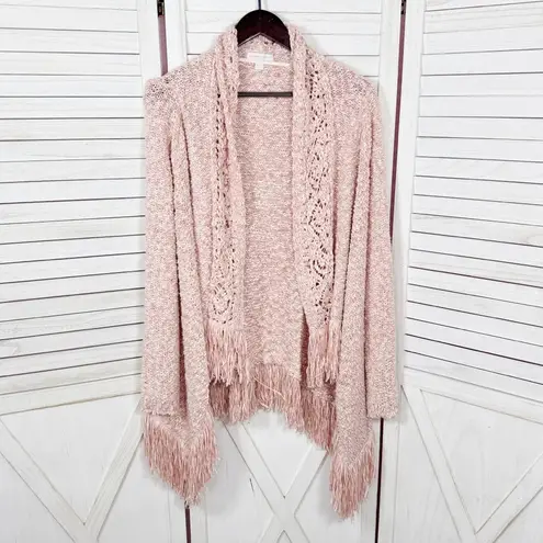 New York & Comp Fringe Hem Chunky Knit Open Cardigan Sweater Pink Medium Boho