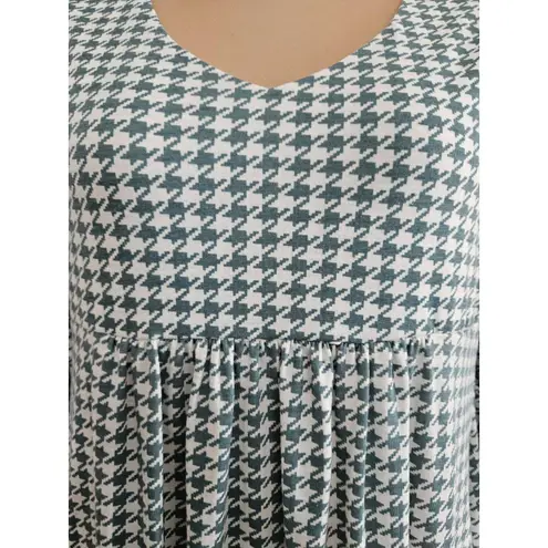 Reborn Green & White Houndstooth Babydoll Dress Bell Sleeves Sz L Size L
