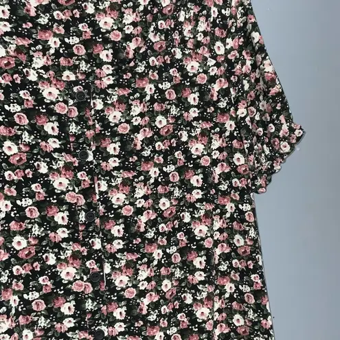 Catherine Malandrino Black & Pink Roses Short Elastic Sleeve Elastic Waist Small