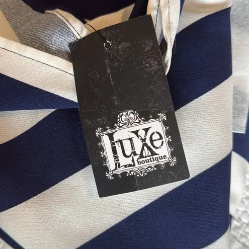 NWT Luxe Blue and White Halter Fit and Flare Mesh Back Cocktail Dress Size L Size L