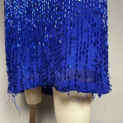 Oleg Cassini Vintage Formal Dress I. Magnin Sequins Beaded Fringe Blue Glamour - Image 9