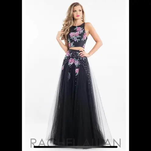 Rachel Allan 7511 floral black tulle high neckline two piece prom dress NEW 0