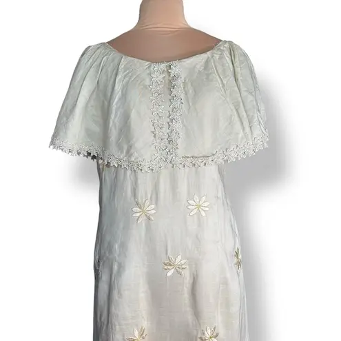 Vintage Linen Embroidered Floral Maxi Dress Lace Capelet Overlay Medium