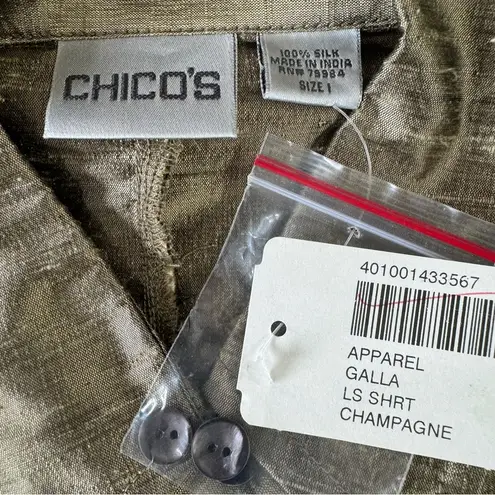 Chico's Chico’s Galla 100% Silk Button Front Long Sleeve Tunic in Champagne Gold 1/M