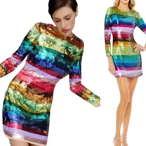 Mac Duggal  NWT Sz 4 93724 Rainbow Colorful Sequin Long Sleeve Stripe Mini Dress