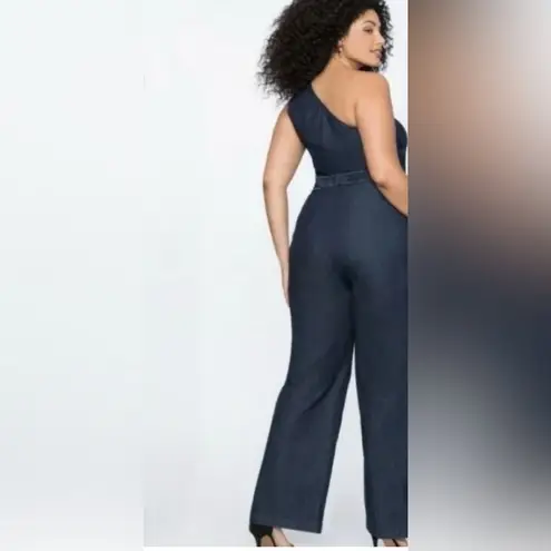 Eloquii  One Shoulder Ruffle‎ Denim Jumpsuit in Blue Size 24