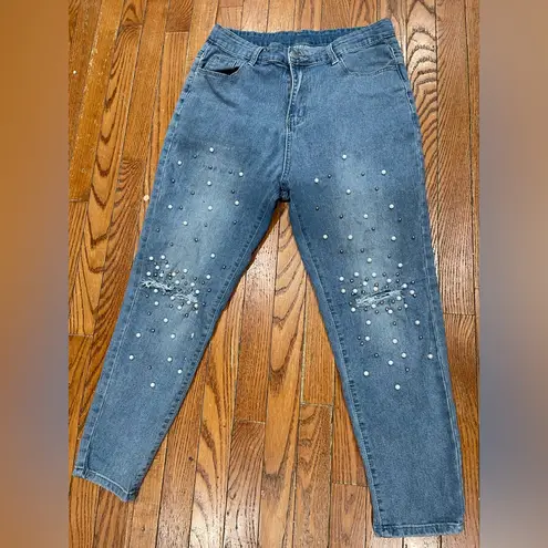 SheIn  Blue Pearl Embellished Cropped Jeans