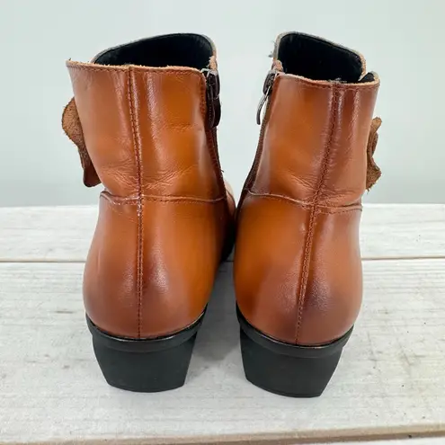 Camel Brown Leather Retro Flower Ankle Boots Low Heel Faux Fur Lined Comfy Boho Size 8