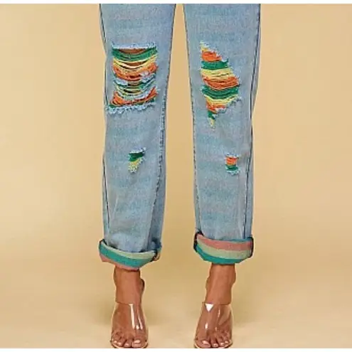 Shop Michella Women High Waisted Distressed Colorful Light Wash Denim Jeans Sz L Blue