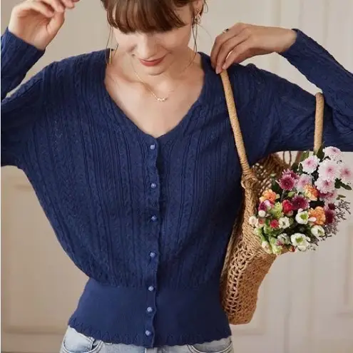 Simple Retro Scallop Trim Cable Knit Cardigan Sweater Tan Size M