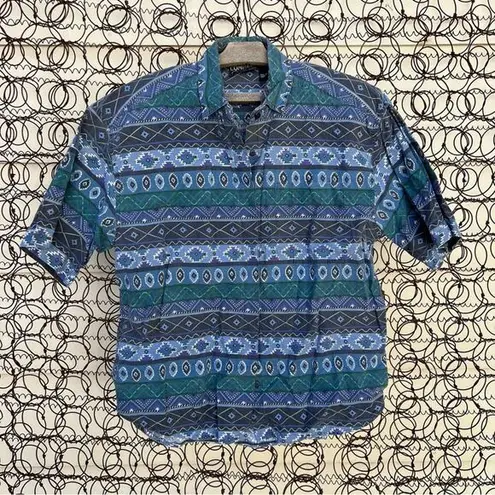 Vintage Blue  indigo purple Aztec Southwestern stripe short sleeve button shirt