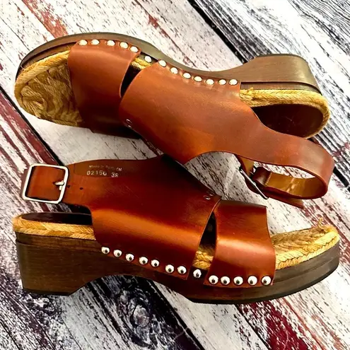 Thakoon Addition Leather Slingback Stud Detail Wood Clog Sandals Brown Size 7.5