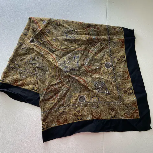 EUC women’s paisley mandala print black bordered square wrap scarf headband Tan