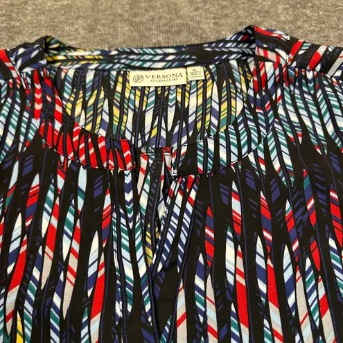 Versona Shirt Womens XL Blue Red Abstract Print Roll Tab Sleeve Pullover Blouse