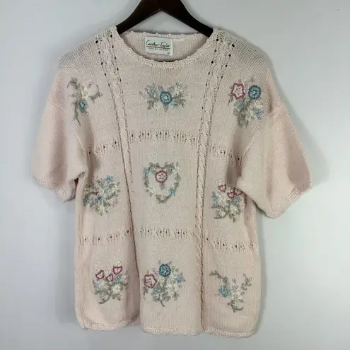 Carolyn Taylor Vtg 90s Embroidered Floral Top Large Pink Knit Cottage Soft Girl